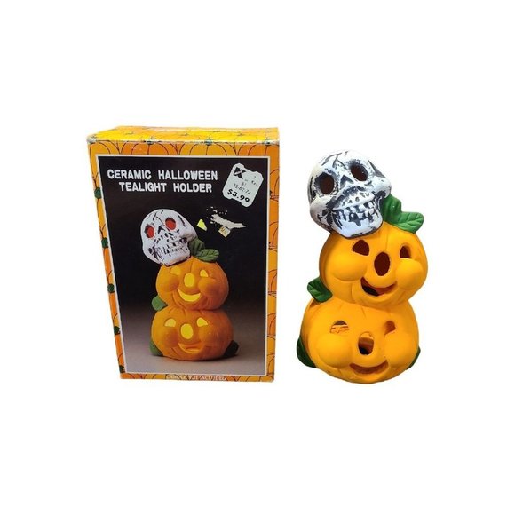 Vintage Pumpkin Time Ceramic Halloween Tealight Holder Skull Jack o' Lantern - Picture 1 of 6